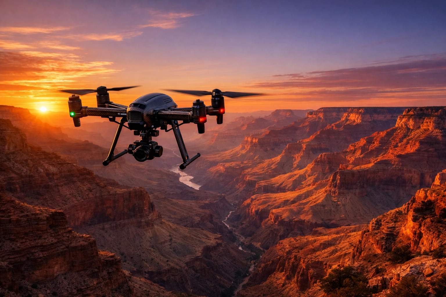 Professional drone performing a drone ash scattering ceremony over the Grand Canyon at sunset.