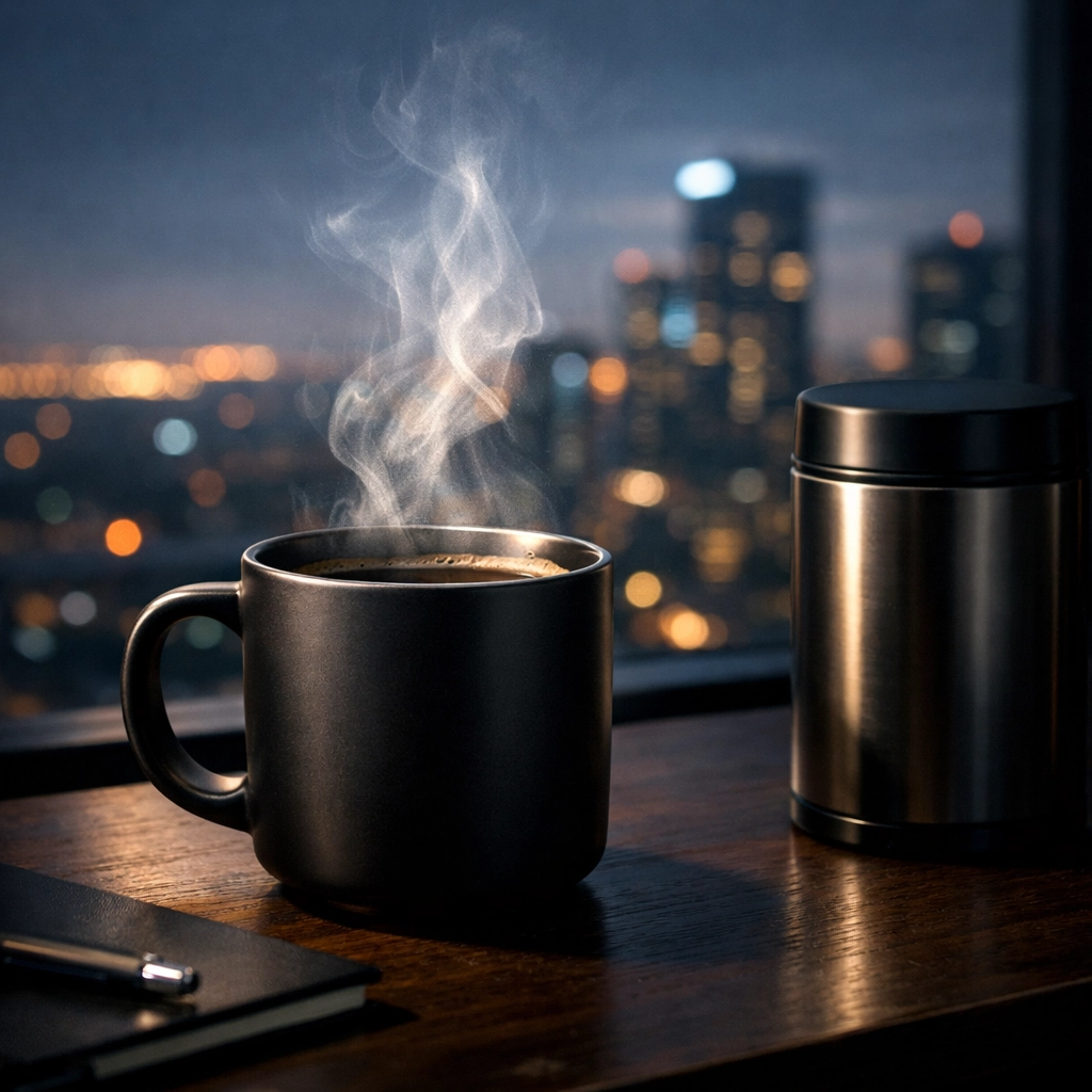 A steaming cup of tactical coffee on a desk, representing executive focus and deep work productivity.