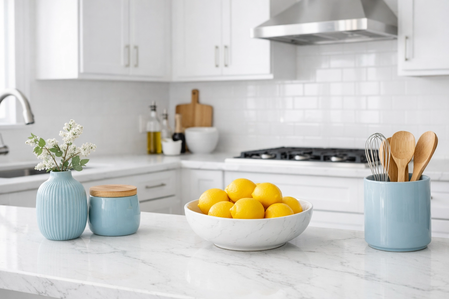 Pristine white countertop and cabinetry with blue accents and a pop of yellow—high-end, freshly cleaned kitchen.