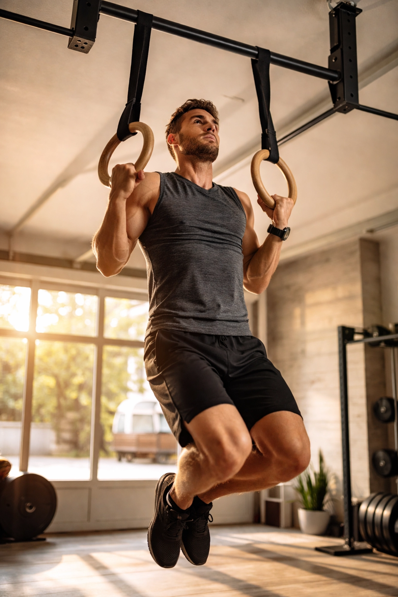Man performing pull-up on gymnastic rings in a modern home gym setup with natural light, showing bodyweight training at home