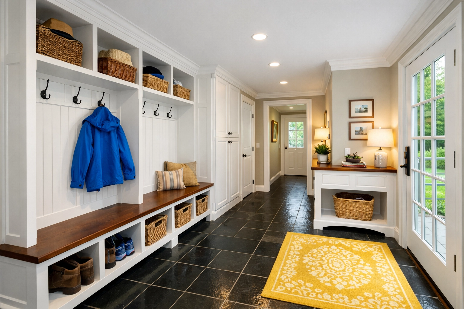 Organized and spotless luxury mudroom entryway after professional house cleaning in Holliston, MA.