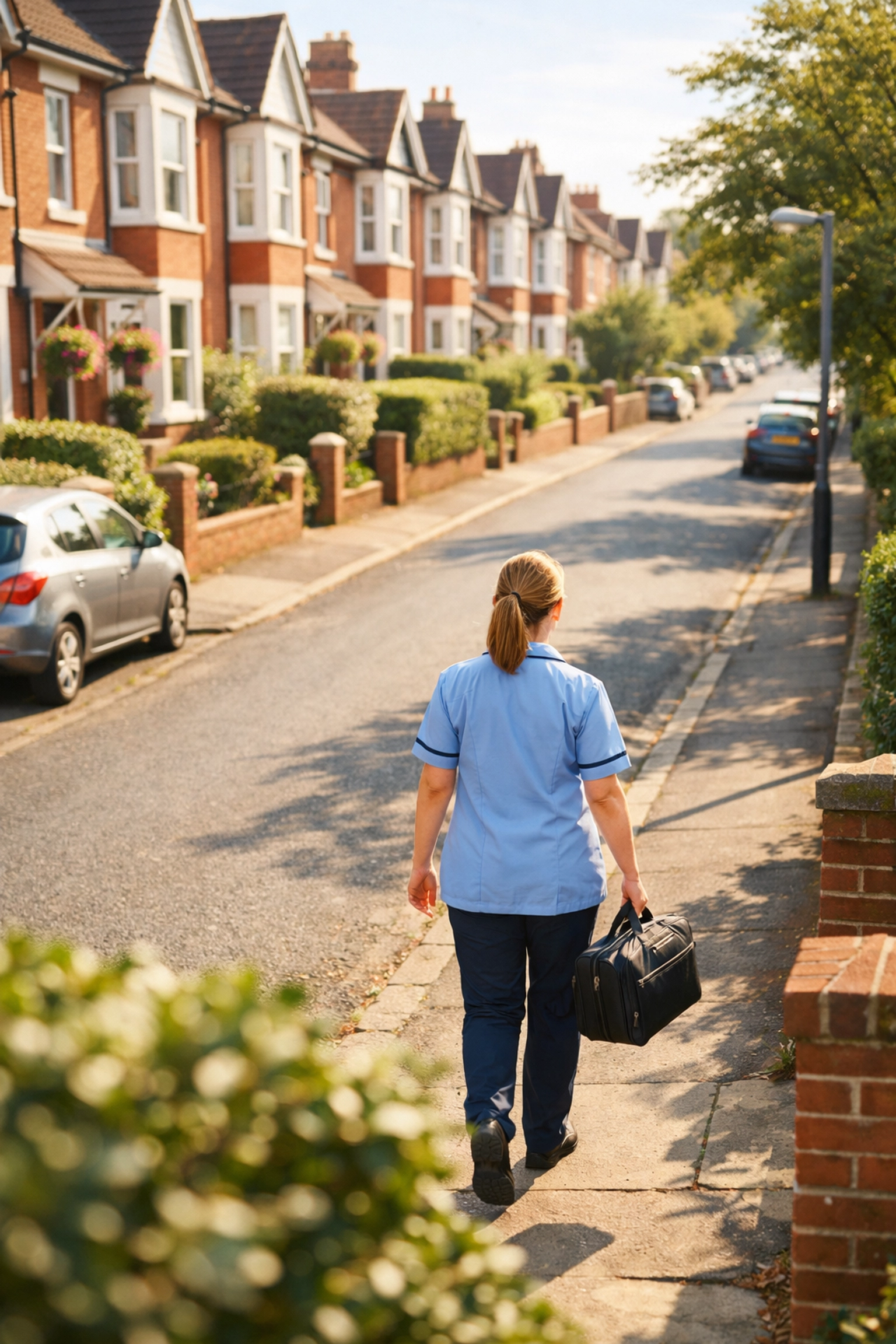 A home care professional walking to a visit in a quiet residential street in Southampton.
