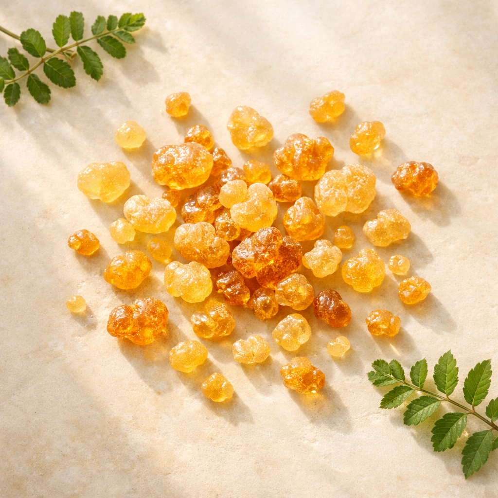 Golden frankincense resin tears with Boswellia leaves on stone surface for natural skincare