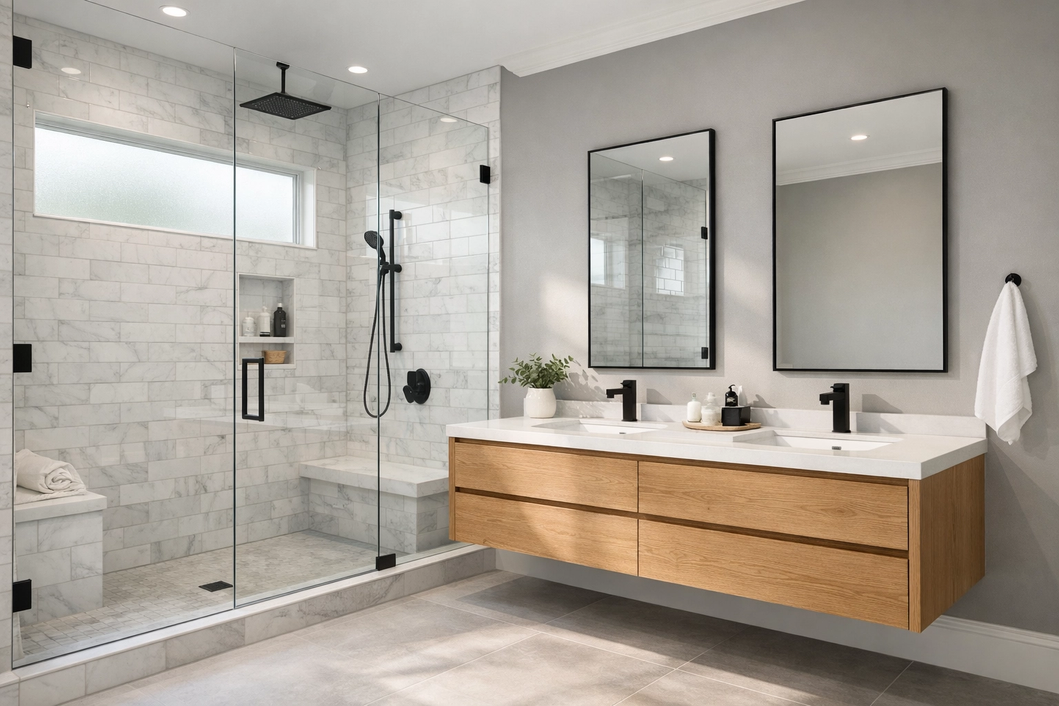Luxury Orlando bathroom remodeling featuring marble tiles and a modern oak vanity with quartz countertops.