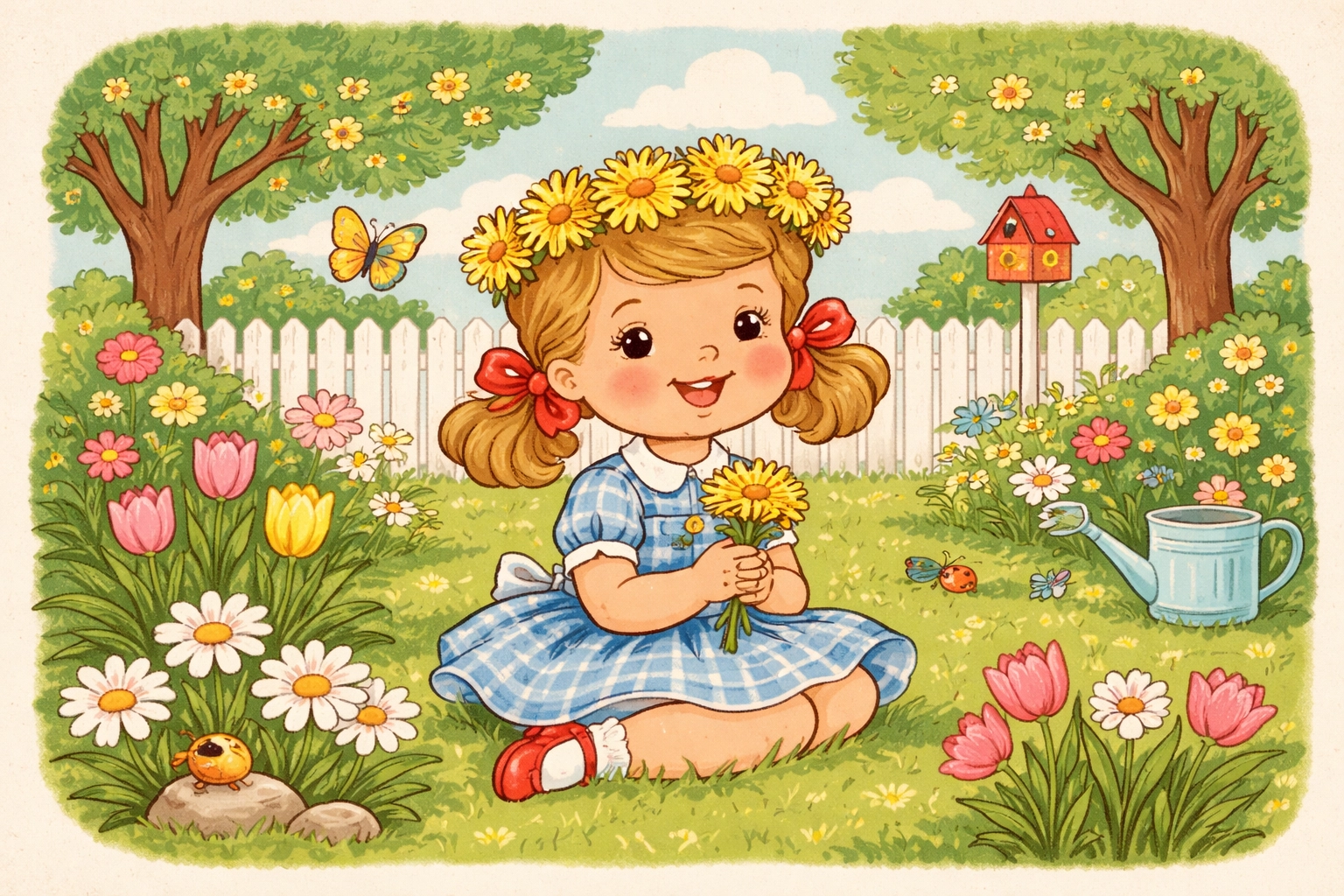 Smiling child wearing a DIY dandelion crown in a whimsical backyard garden, outdoor activity for kids