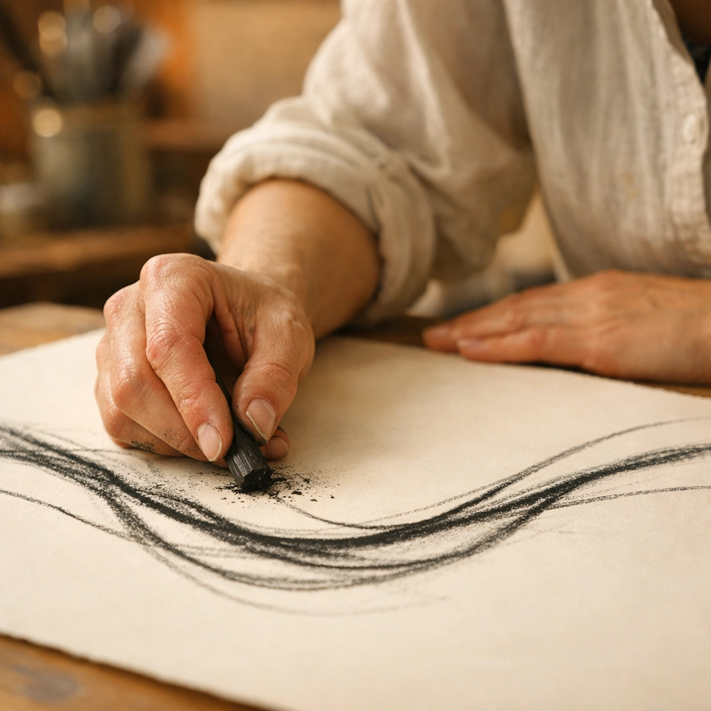 Close-up of an employee creating charcoal art during a corporate creative wellness workshop.
