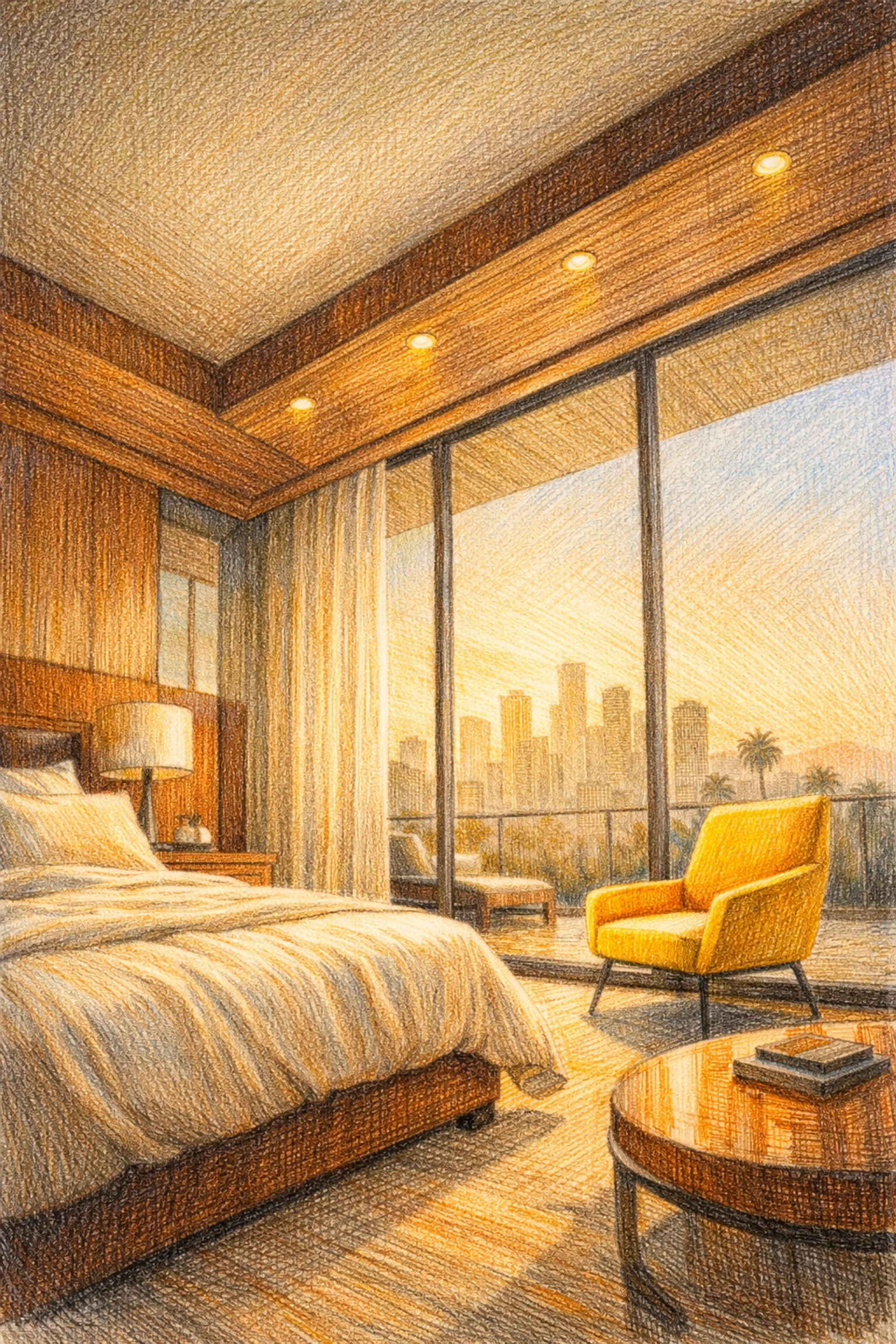Luxury hospitality design for a modern hotel suite with warm wood and a yellow chair