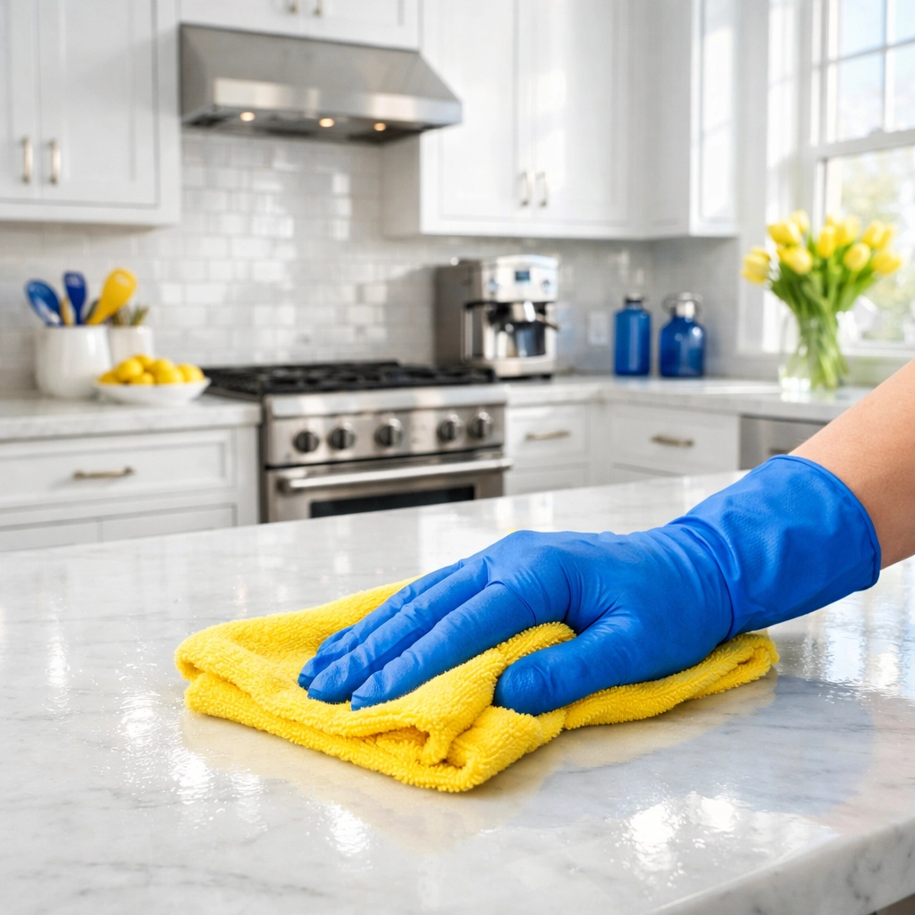 Professional luxury house cleaning MA technician wiping a marble kitchen counter.