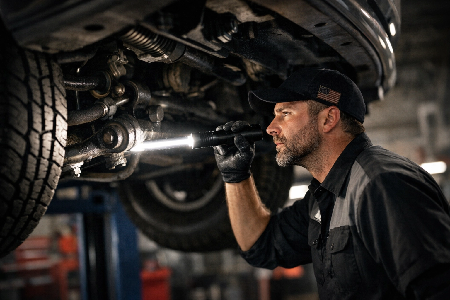 Professional mechanic performing a thorough multi-point safety inspection on a fleet vehicle in Coventry, RI.