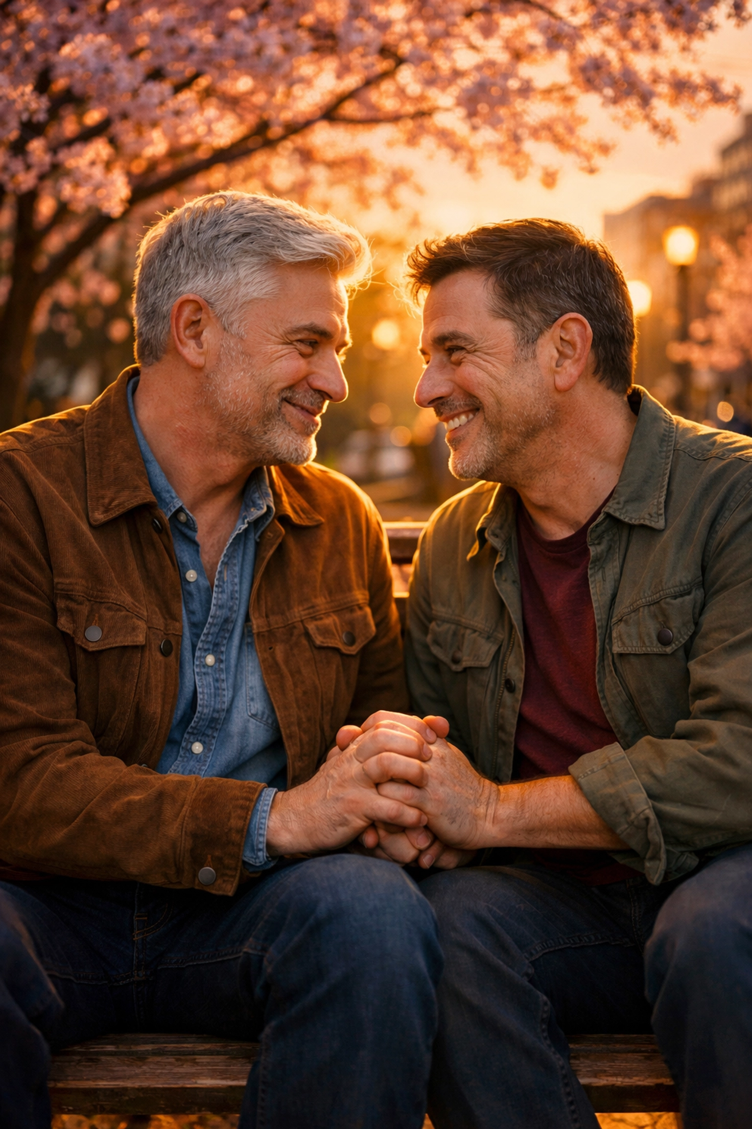 Two older gay men holding hands on a park bench at sunset, representing queer time and life milestones.