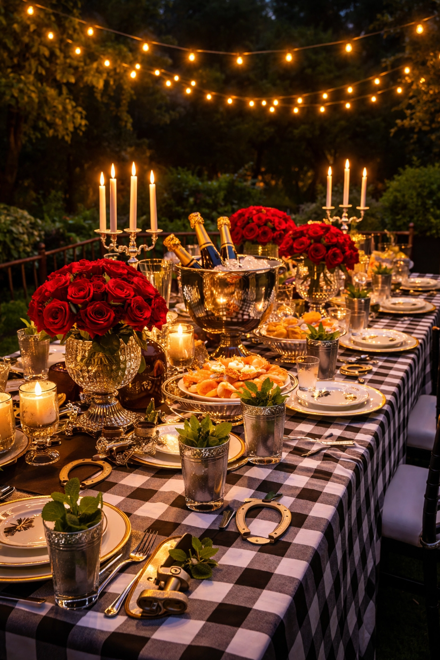 Kentucky Derby garden party table with polished silver, red roses, horseshoe accents, and dramatic garden lighting at night