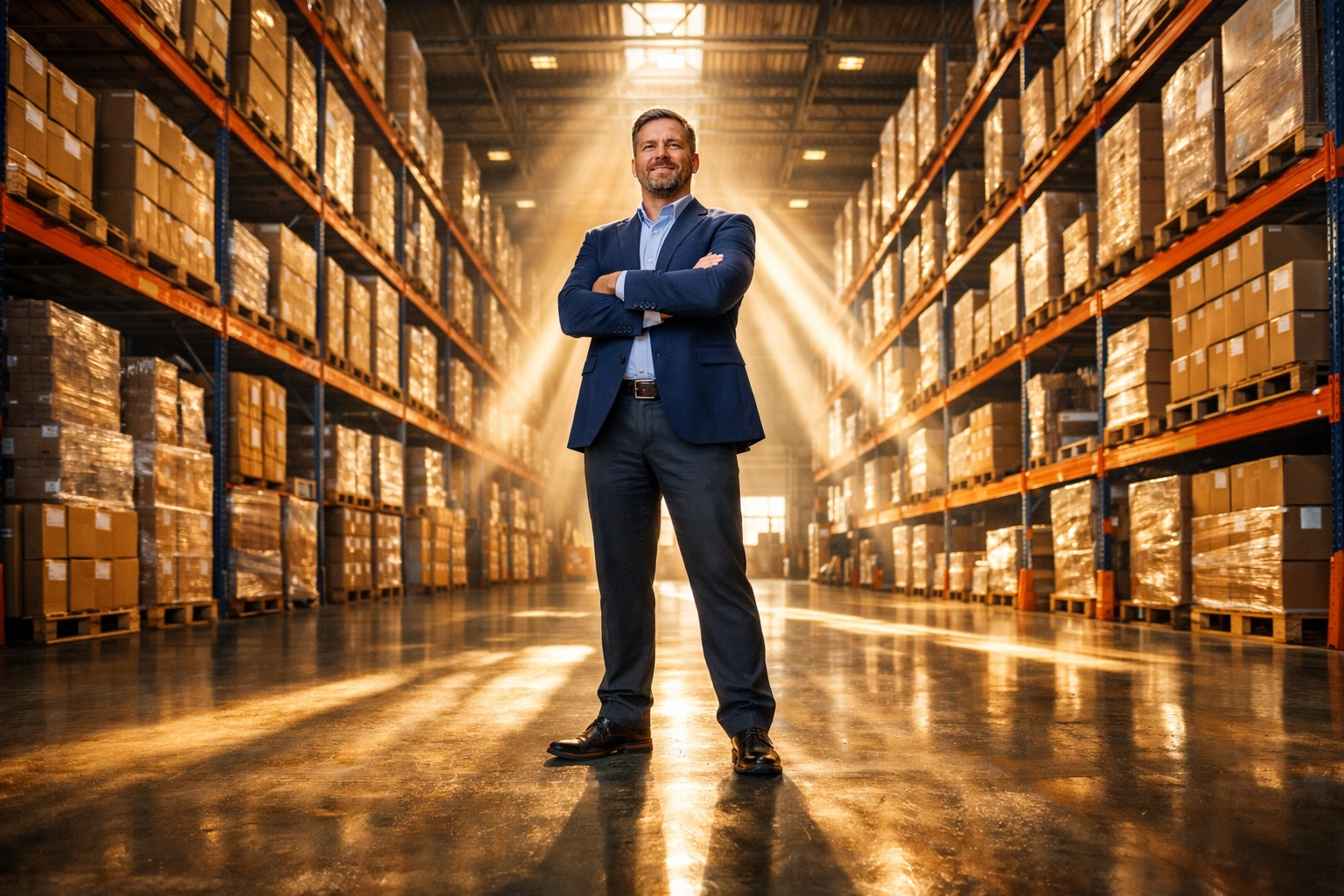 Successful business owner in a warehouse with new inventory funded by a working capital loan.