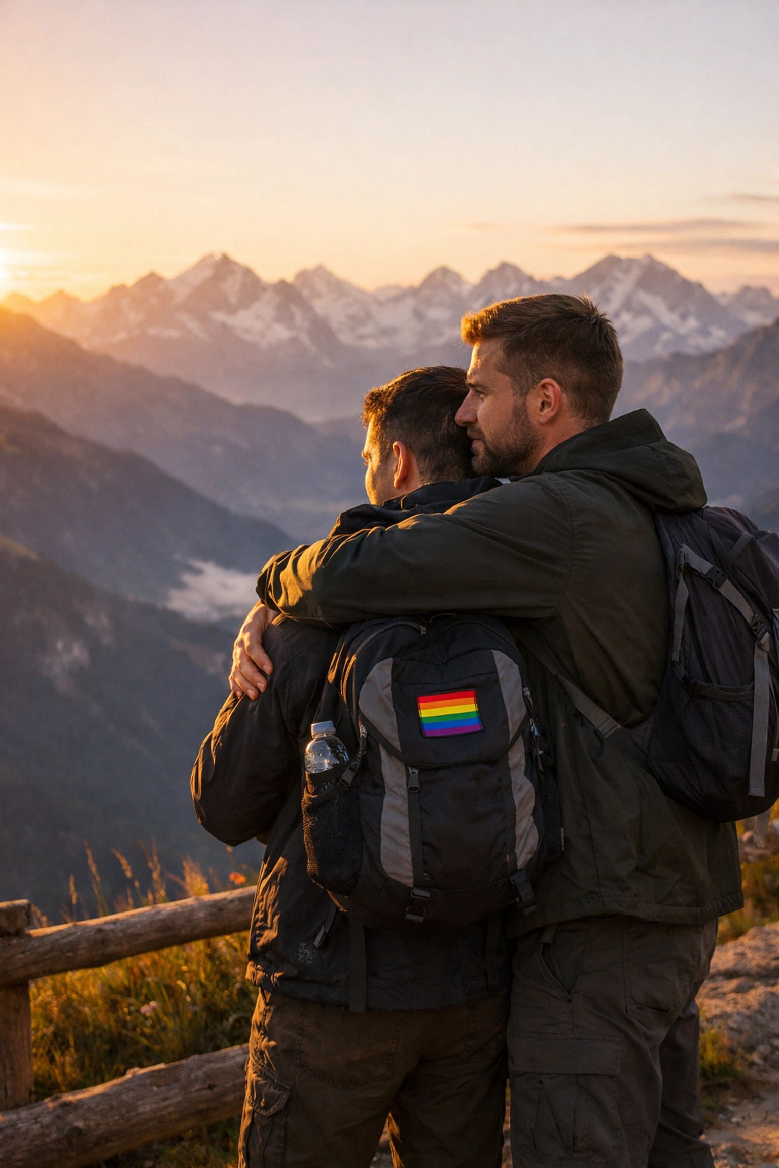 Gay couple embracing at Swiss Alps mountain overlook during sunset with rainbow pride patch