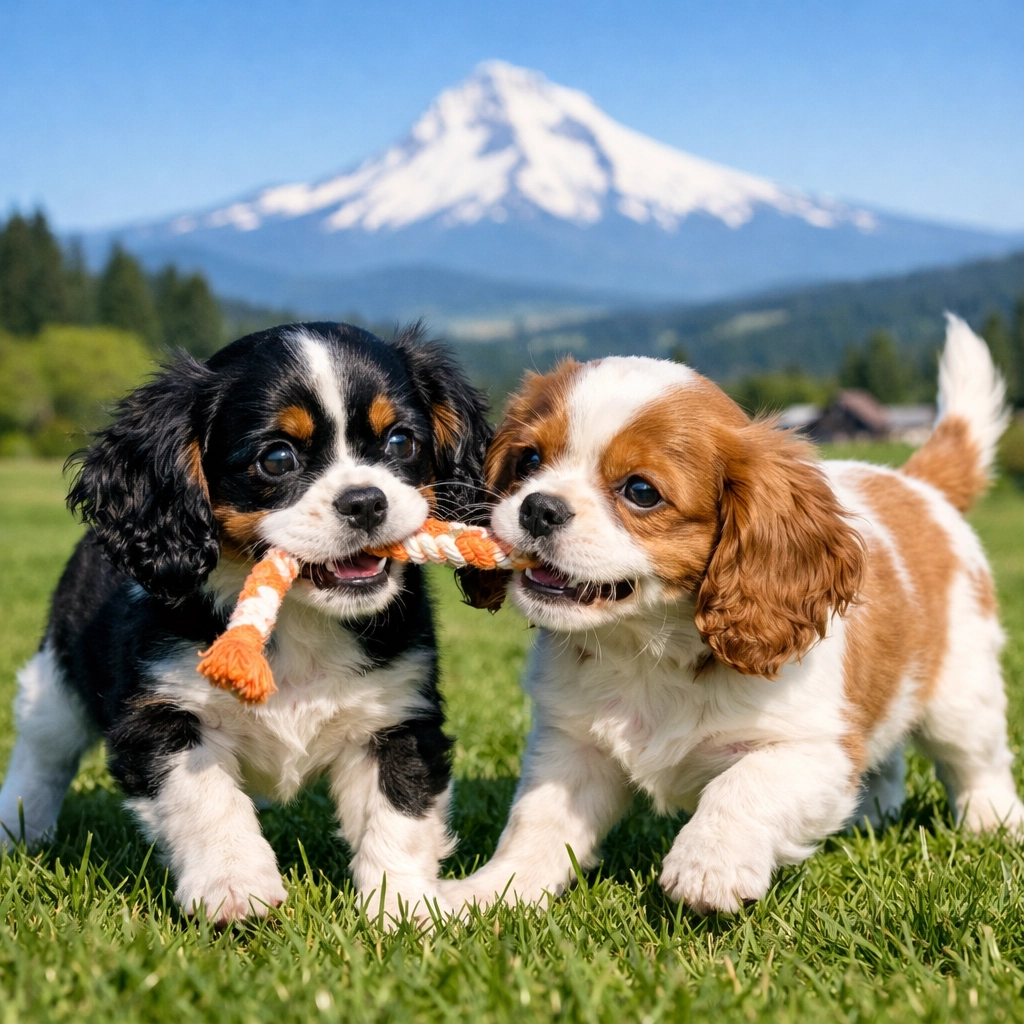 Health-tested Cavalier King Charles Spaniel puppies playing outdoors in Portland, OR with Mount Hood view.