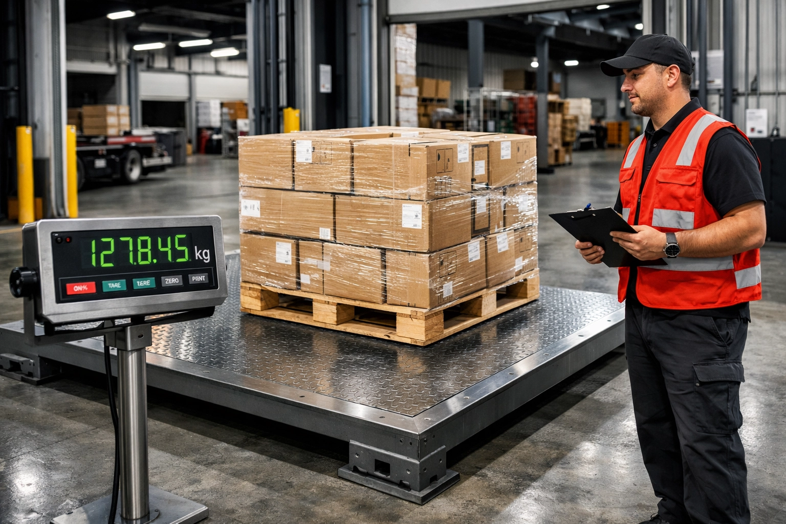Worker weighing palletized freight on industrial scale to ensure accurate LTL classification