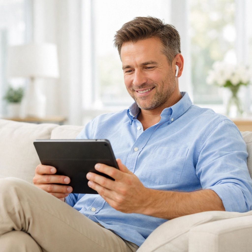Man using a tablet for a telehealth consultation for medical weight loss programs in California and Arizona.