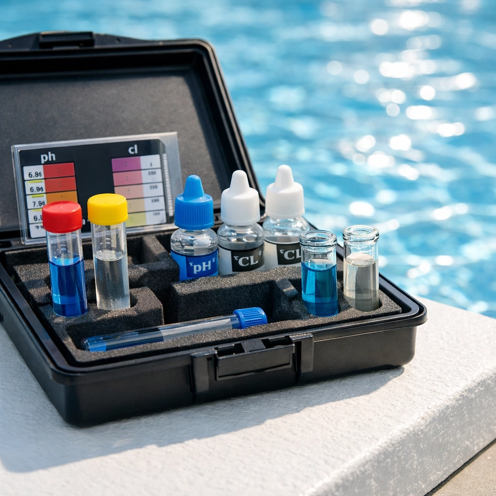 Professional water testing kit used in recurring maintenance for profitable pool routes for sale.