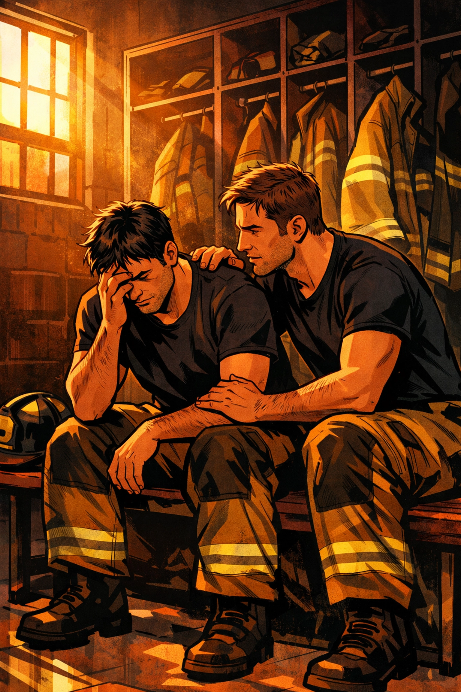 Two gay firefighters sharing emotional support, breaking masculine stereotypes in fire service culture