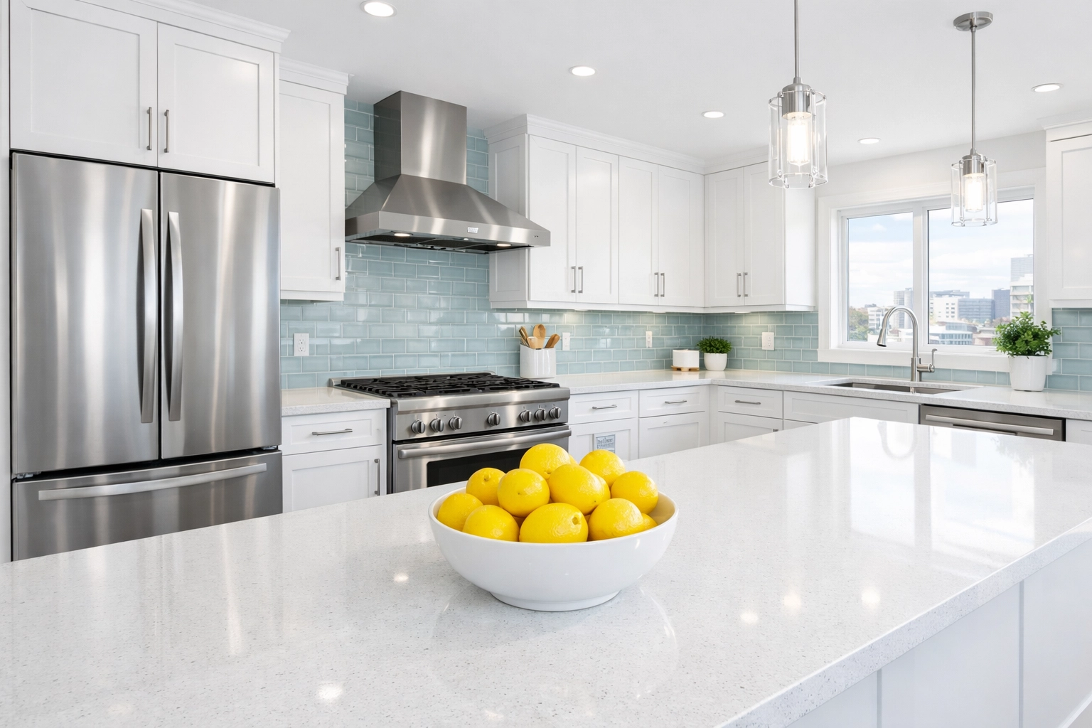 A spotless modern kitchen in a Boston apartment after a professional move-out deep cleaning.
