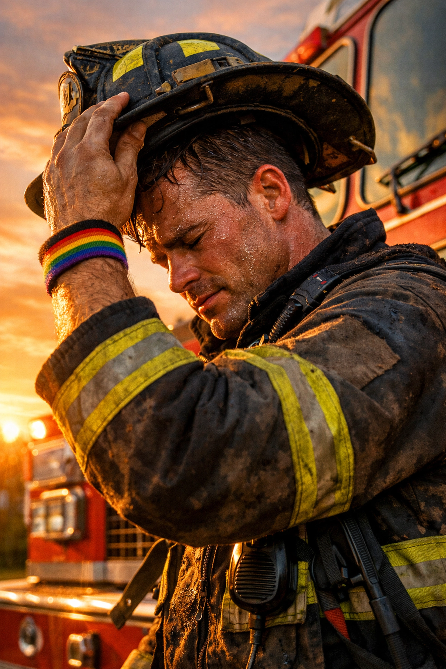 LGBTQ+ firefighter wearing rainbow bracelet after shift representing real service and sacrifice