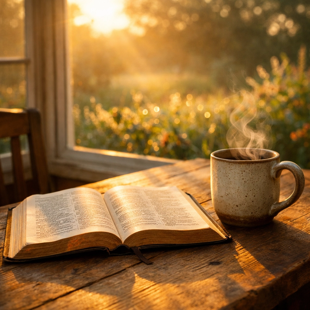 Open Bible and steaming mug on a sunlit table, a peaceful setting for morning prayer and bible verse meditation.