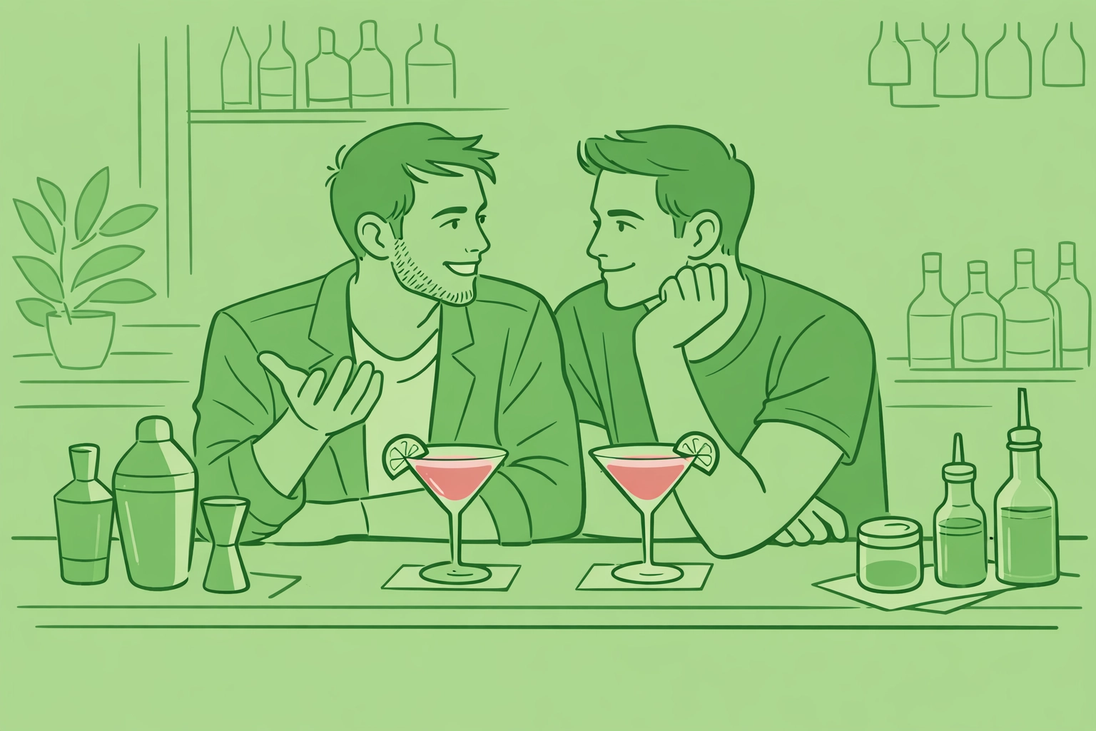 Modern gay couple sharing cocktails at contemporary craft bar