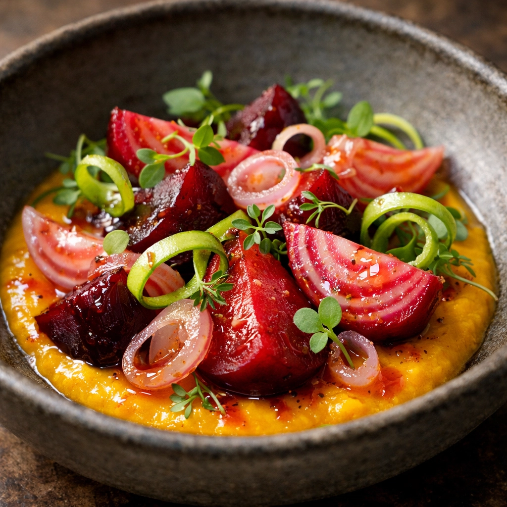 Vibrant baby beet salad with golden beet puree and fresh micro-greens in a handcrafted ceramic bowl.