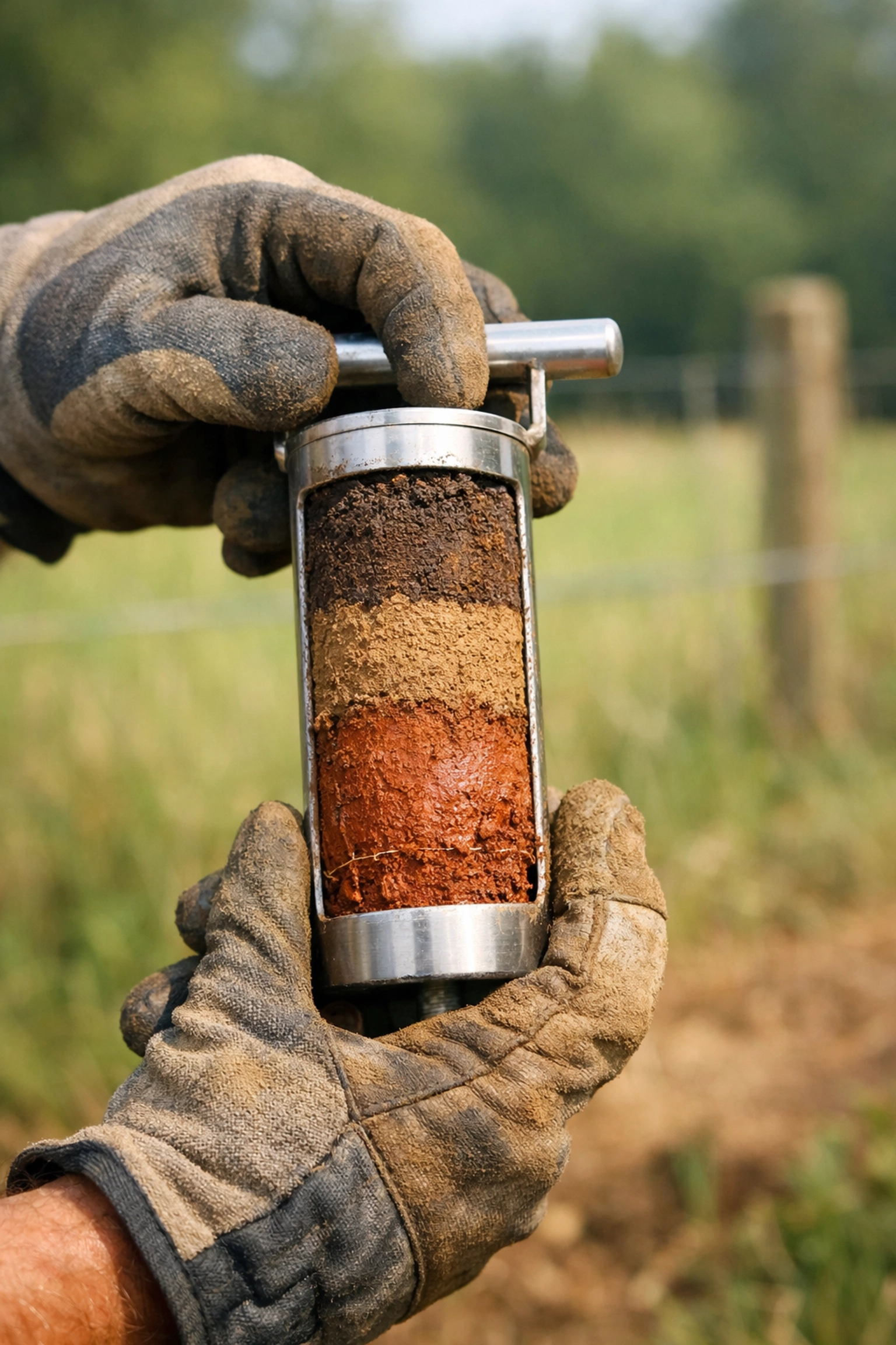 Soil testing with core sampler on NC horse farm pasture