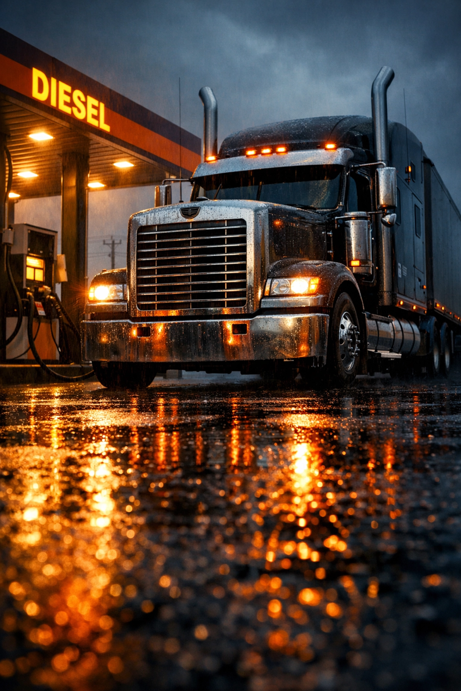 Modern semi-truck at a fuel pump illustrating the rising operational costs of trucking capacity.