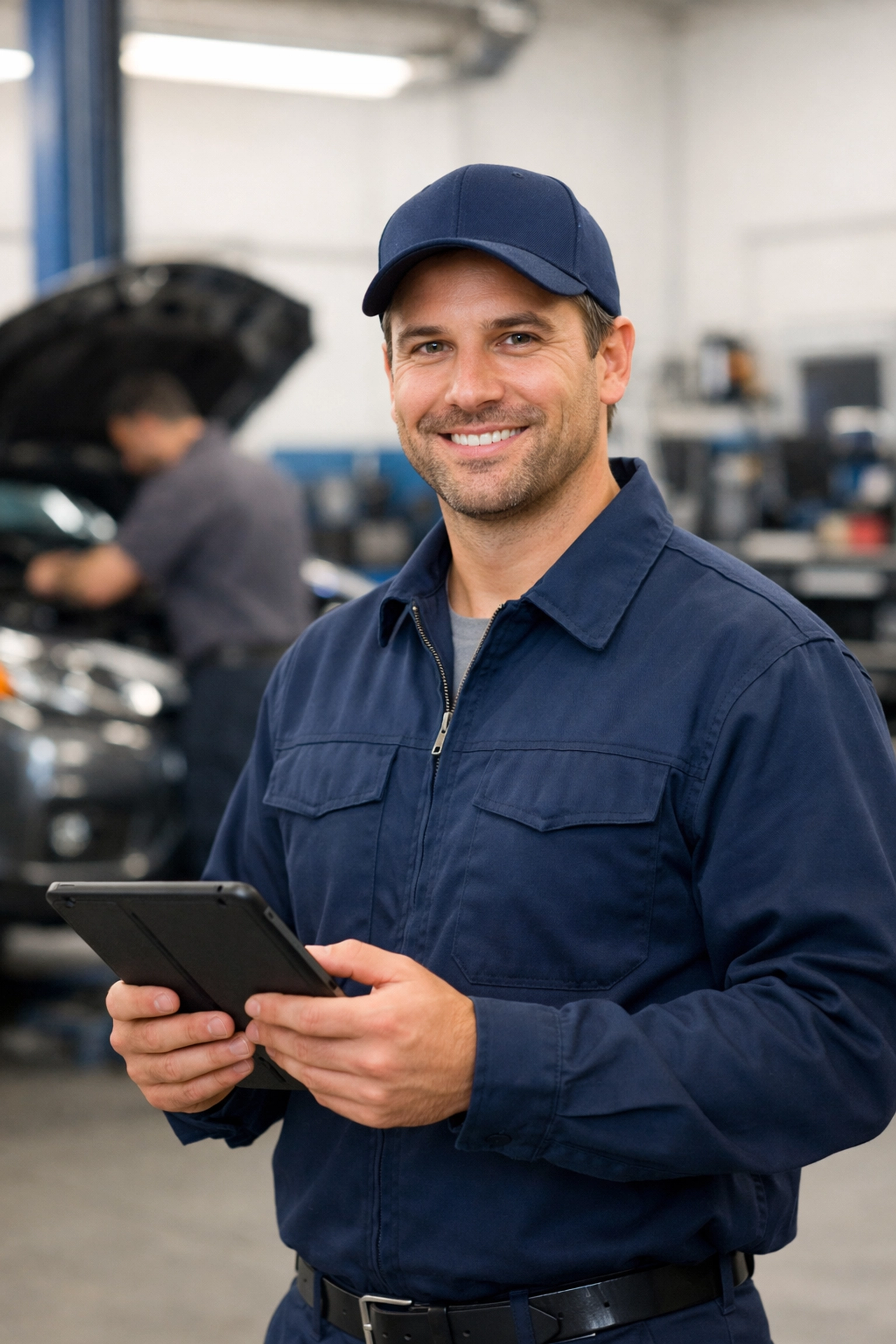 Professional technician using a tablet to provide expert check engine light diagnosis and auto repair advice.