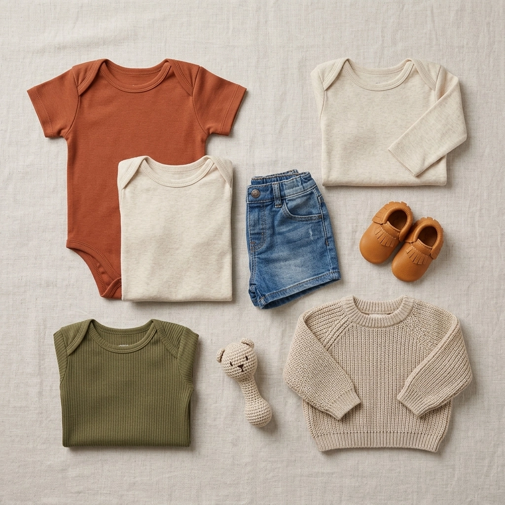 A flat lay of organic cotton bodysuits and denim shorts in earthy tones.
