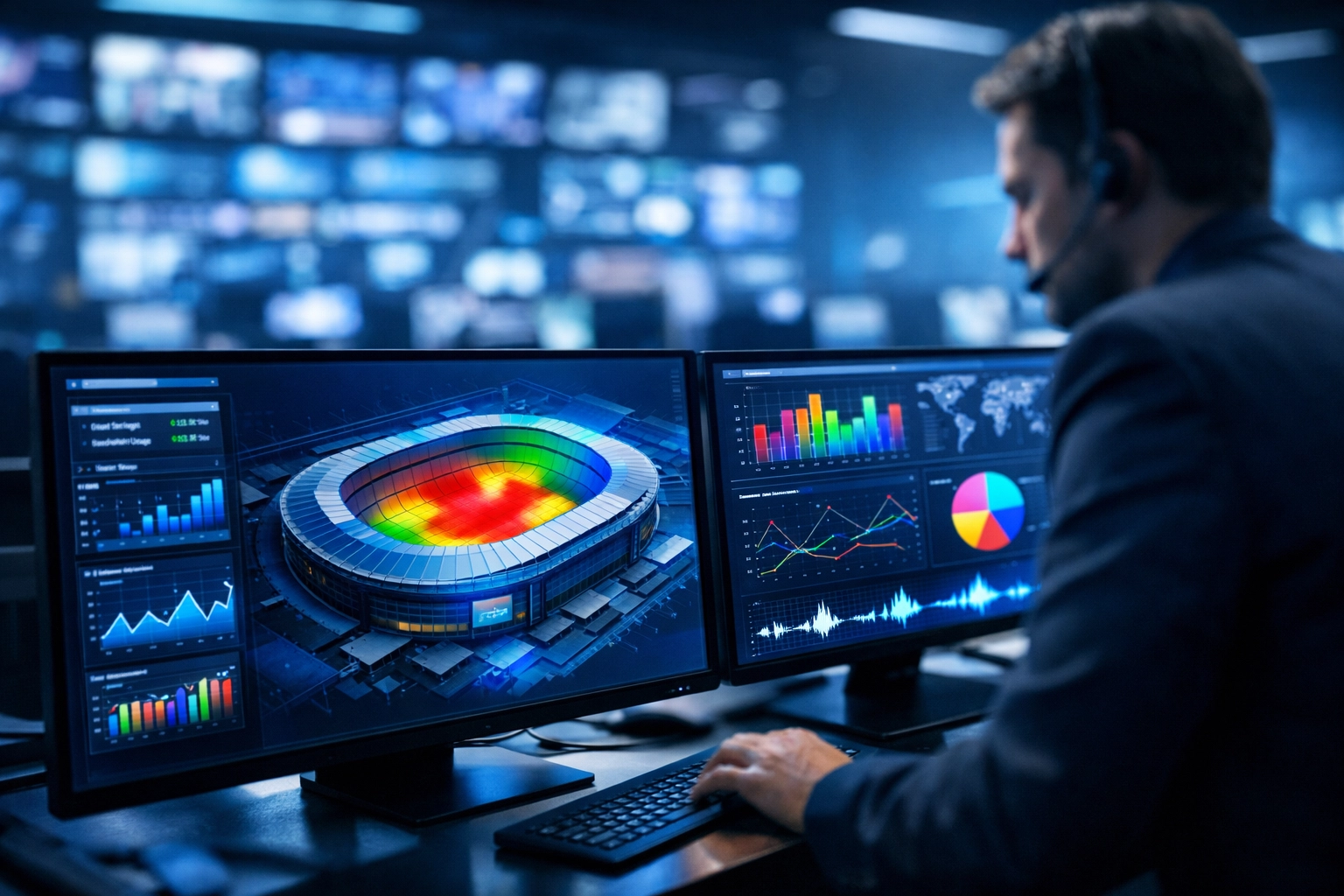 Marketing professional analyzing stadium heat maps and campaign data on digital screens.