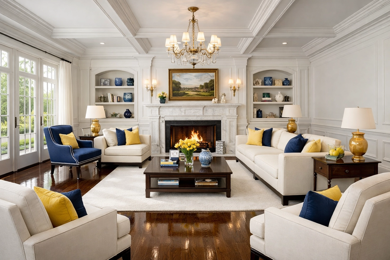 Pristine Wenham residential cleaning results in a luxury colonial living room with polished hardwood floors.