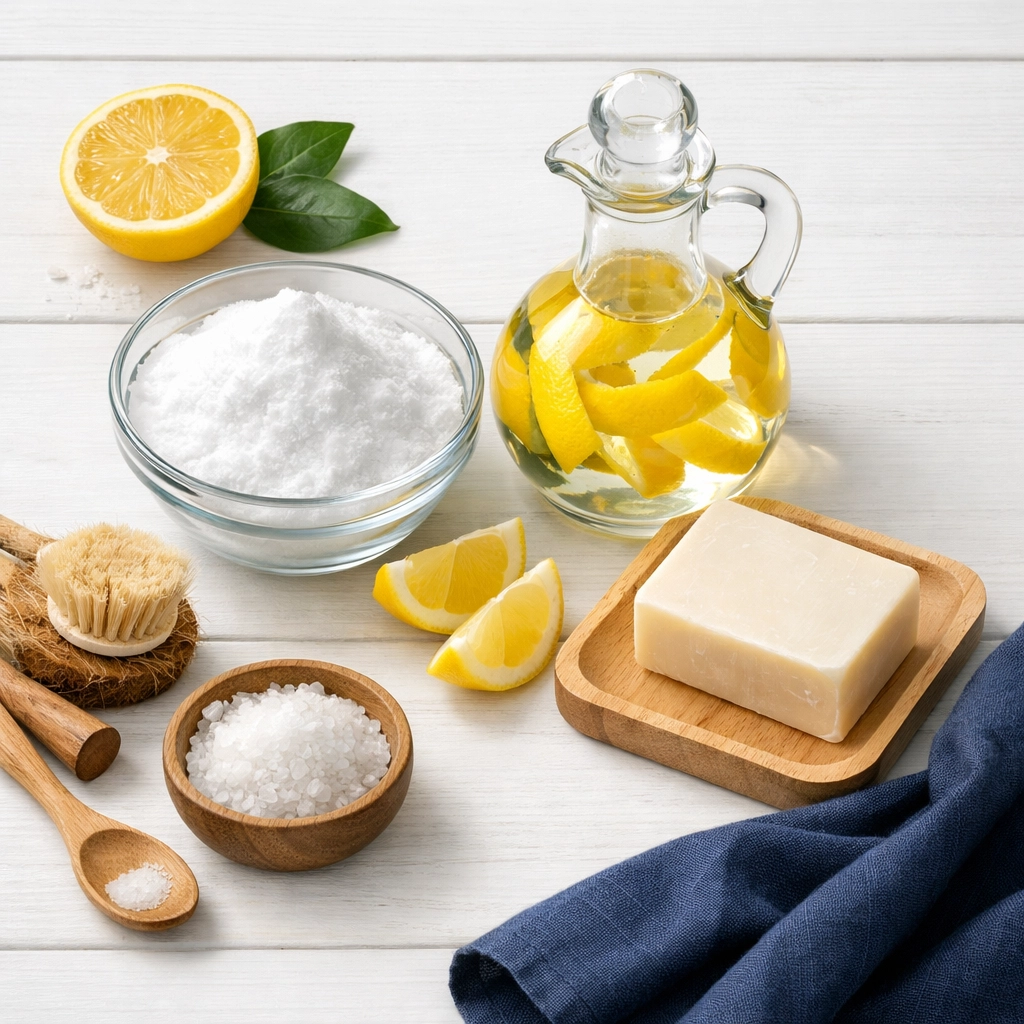 Natural cleaning kit essentials including baking soda, lemon-infused vinegar, and castile soap bar.