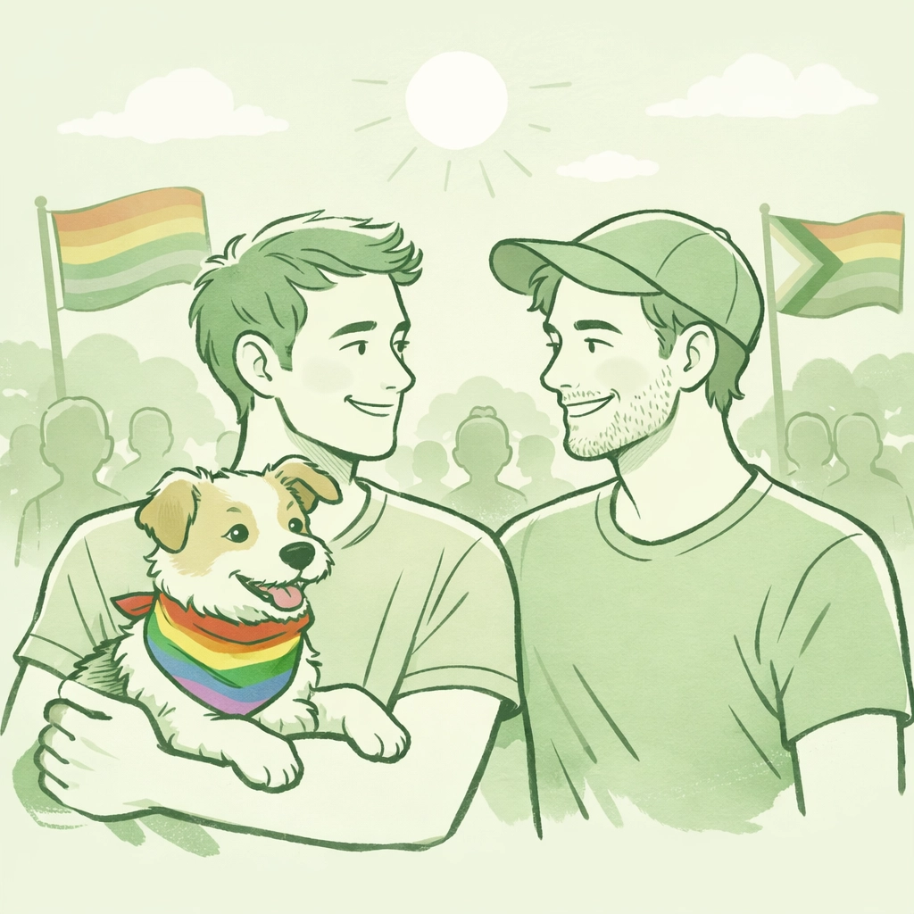 Gay men celebrating Pride with their dog, showing LGBTQ+ community and pet-inclusive events