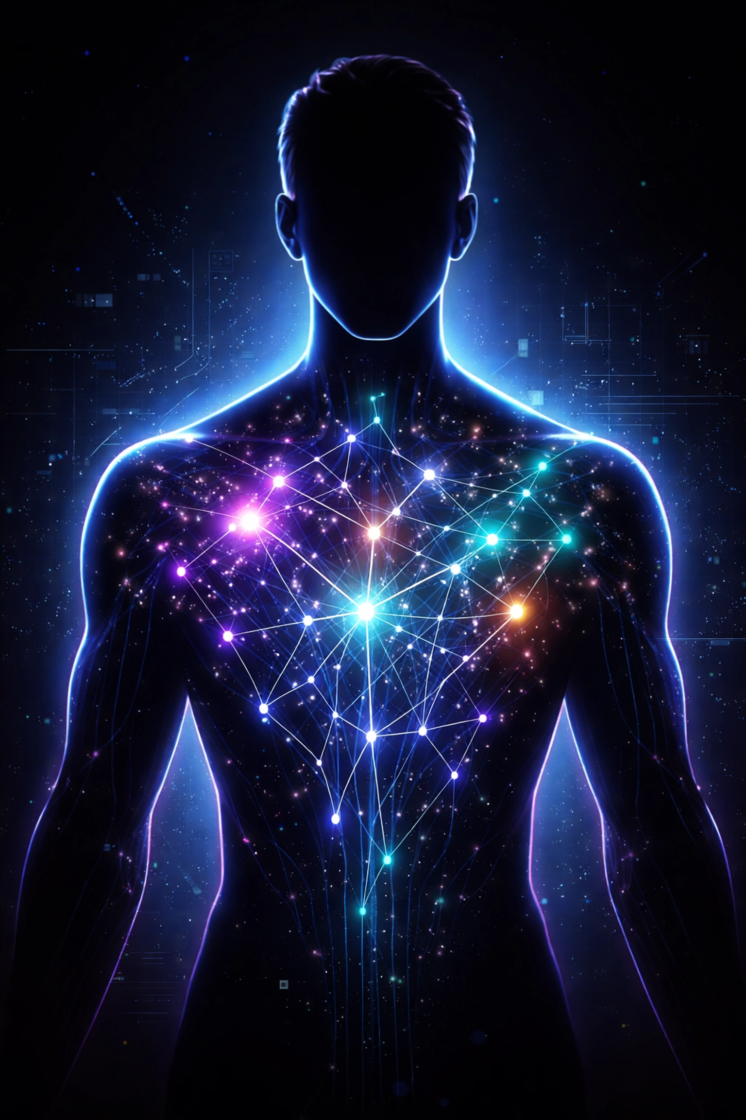 Futuristic silhouette with glowing strengths and weaknesses, highlighting self-awareness in AI-powered job readiness assessments.