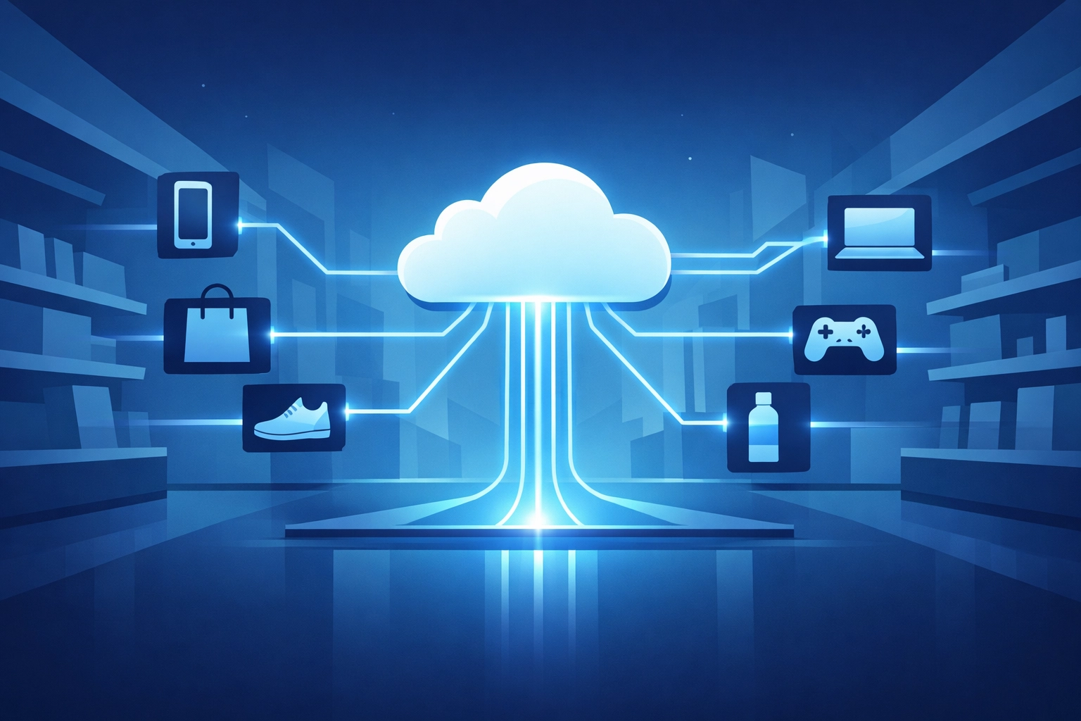 Futuristic retail scene showing automated AI agent transactions and invisible payment flows.