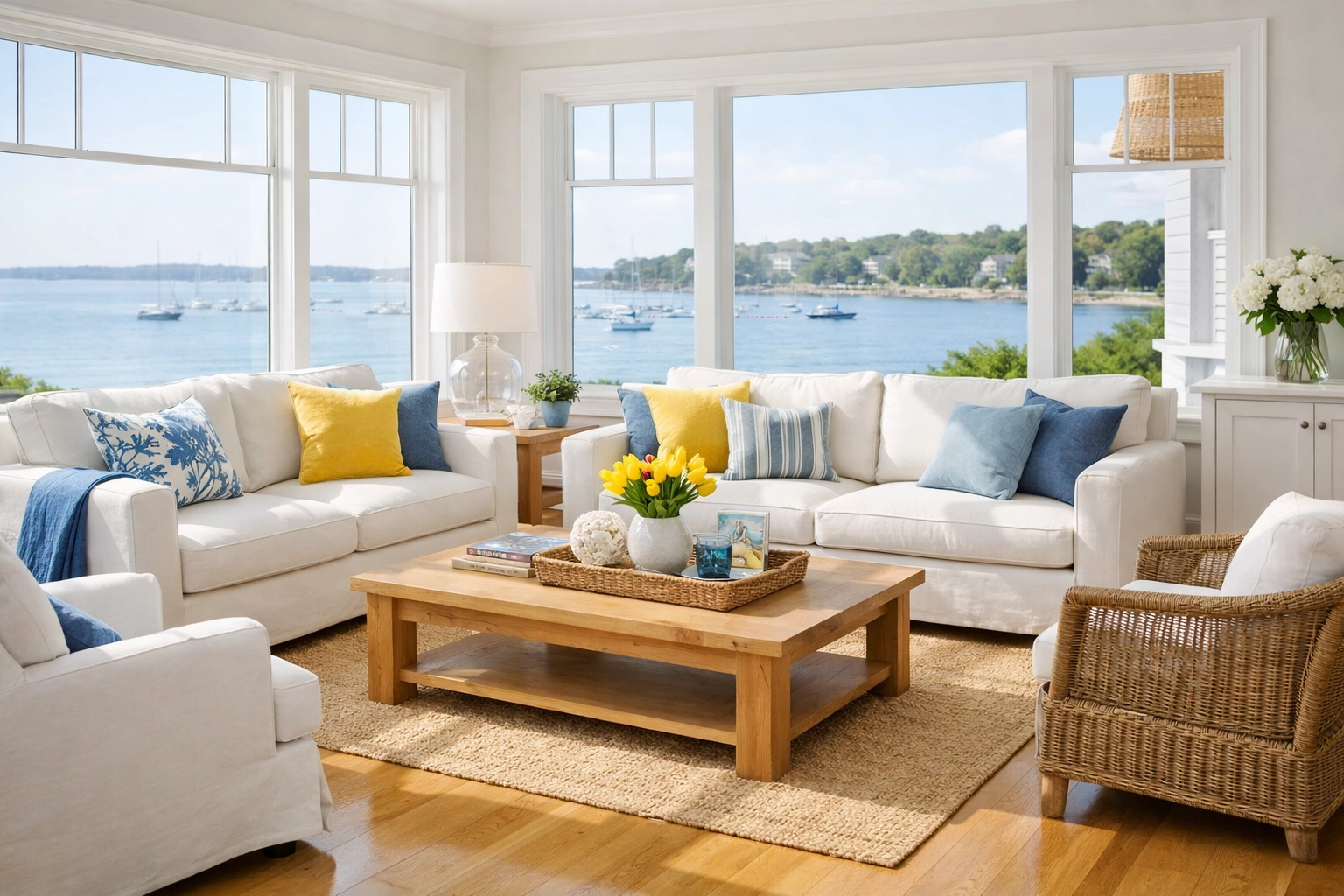 Pristine coastal living room in Hingham with clean wood floors from professional cleaners in Hingham.
