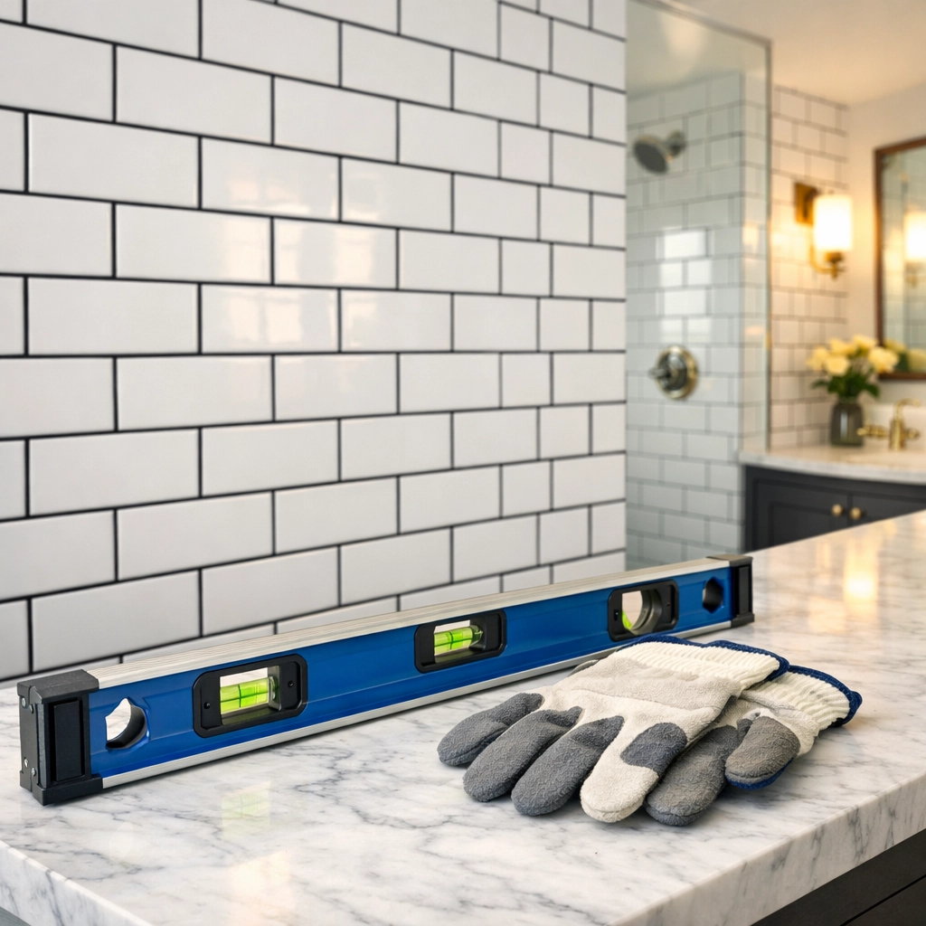 Modern bathroom with freshly installed white subway tiles and new grout, ready for cleaning haze.