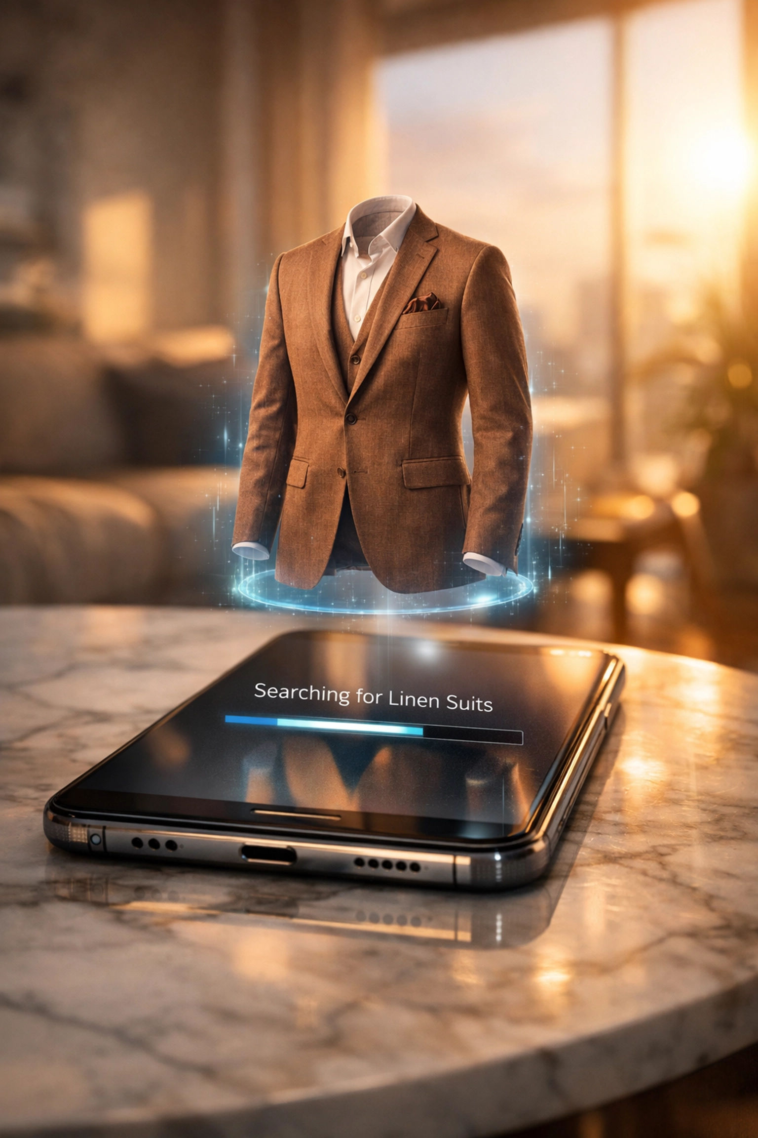 A futuristic smartphone showing an AI shopping agent presenting a personalized holographic suit.