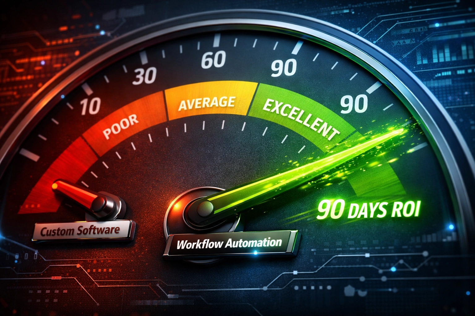 ROI timeline dashboard showing workflow automation 90-day payback vs custom software 6-18 months