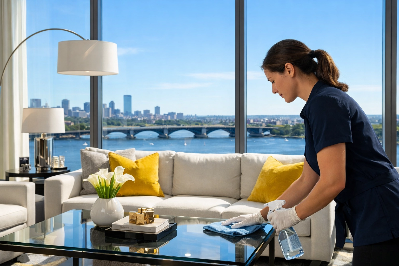 Professional maid service Cambridge expert cleaning a luxury apartment overlooking the Charles River.