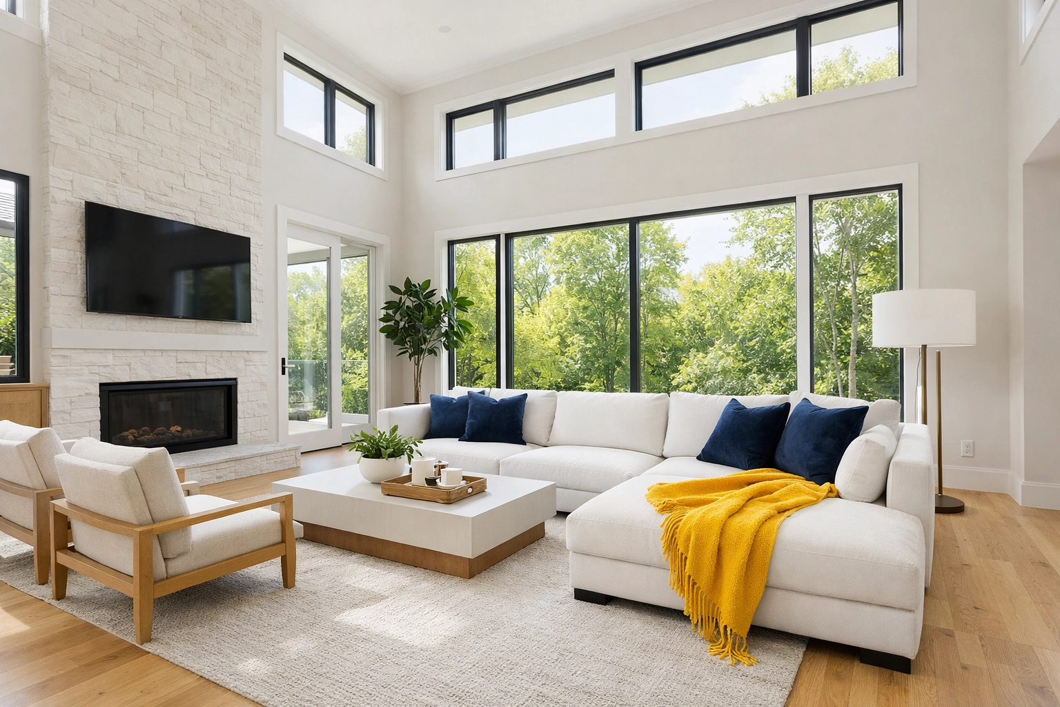 A clean, sunlit Natick living room showcasing professional eco-friendly house cleaning Natick MA results.