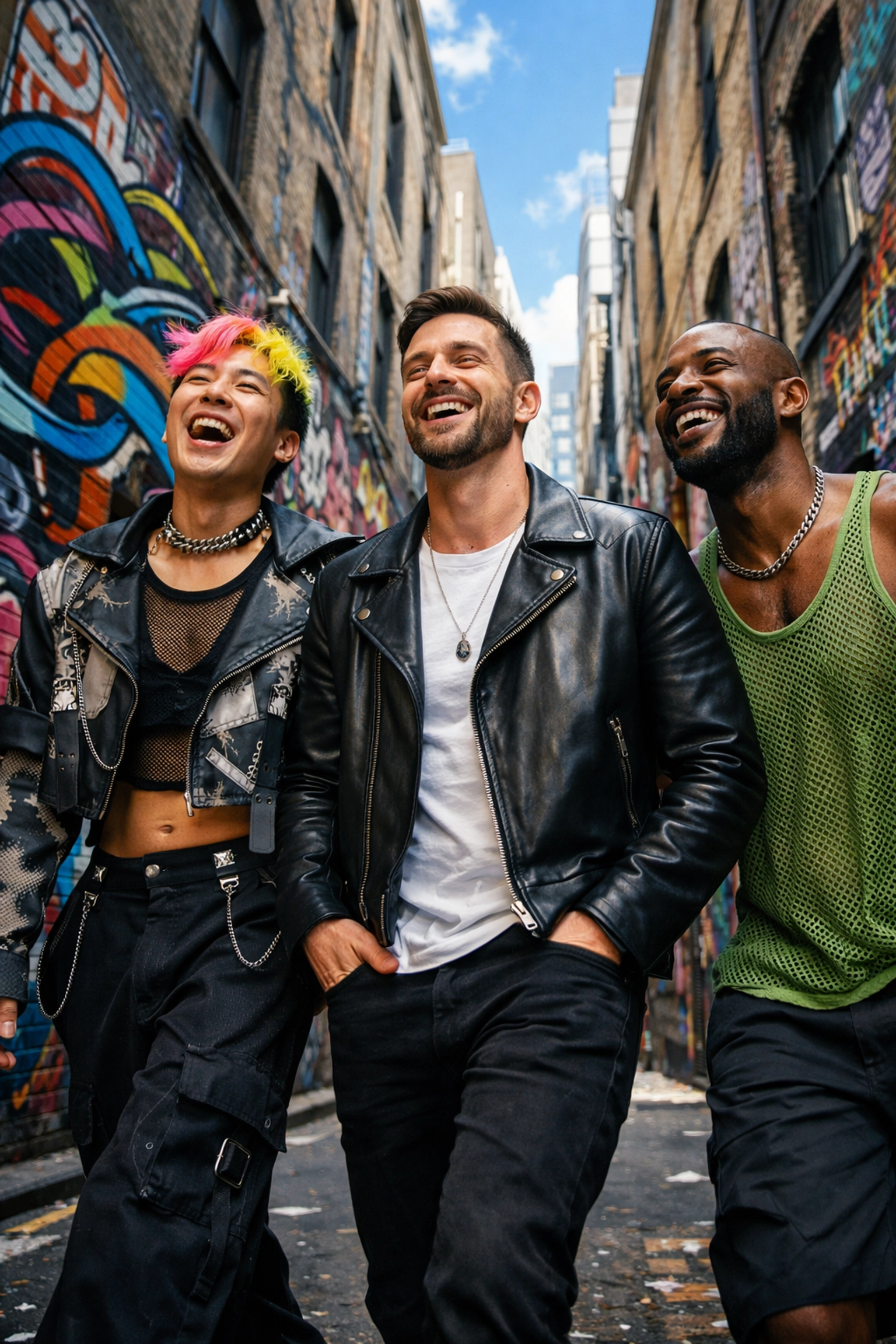 Diverse queer men walking through a Melbourne graffiti laneway, reflecting modern LGBTQ+ life and romance.