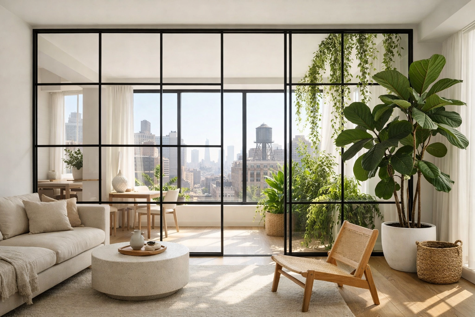 Sun-drenched NYC living room featuring biophilic design with indoor plants and glass partitions.