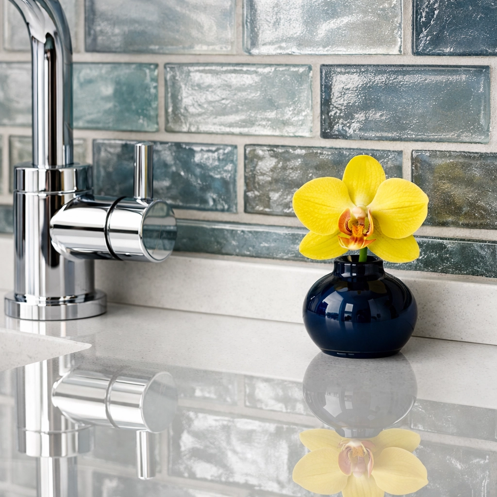 Detail of a clean quartz countertop in a kitchen highlighting luxury cleaning at Dover’s modern estates.