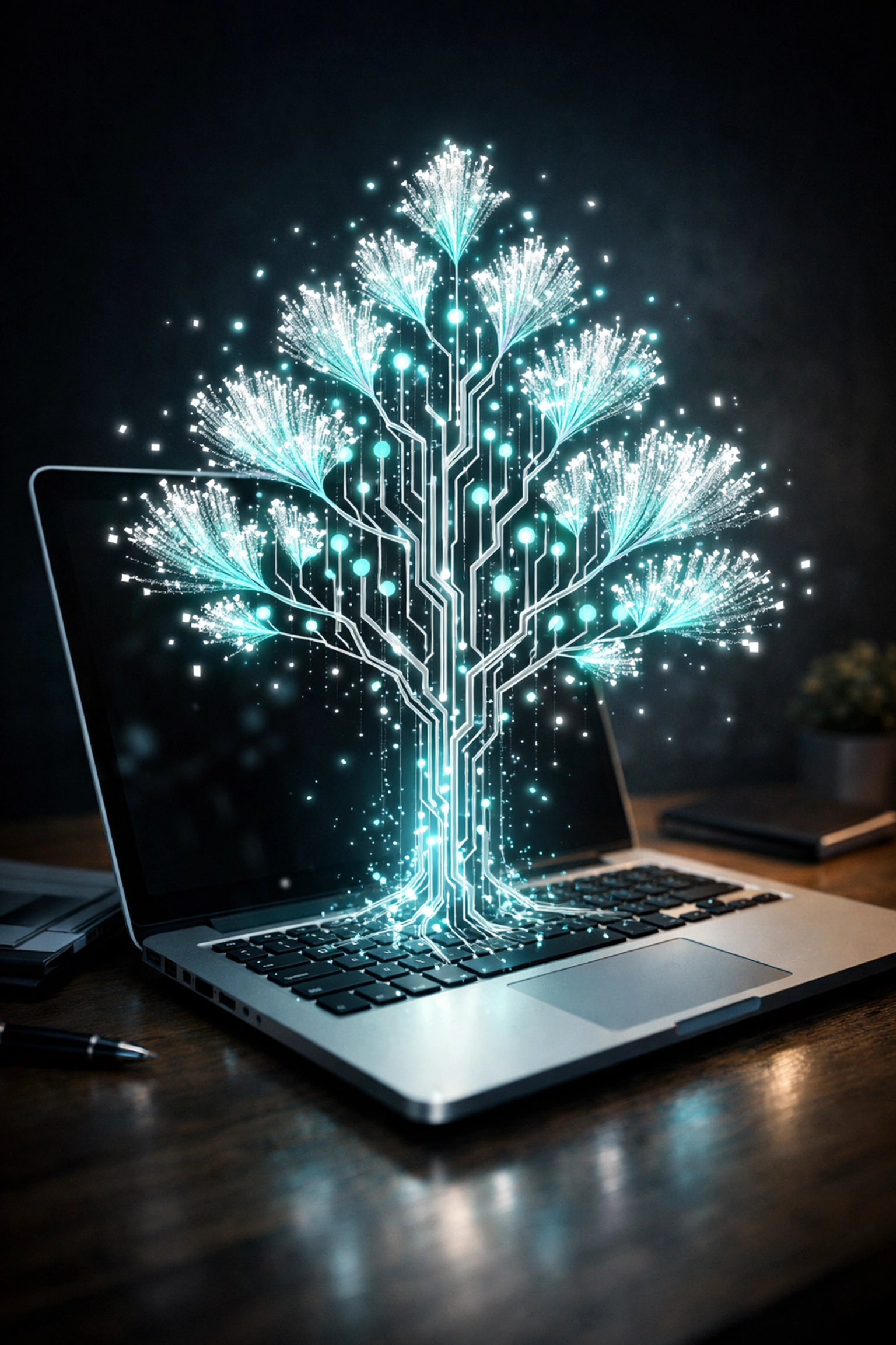 Laptop with digital circuit tree symbolizing AI-powered online business growth and income