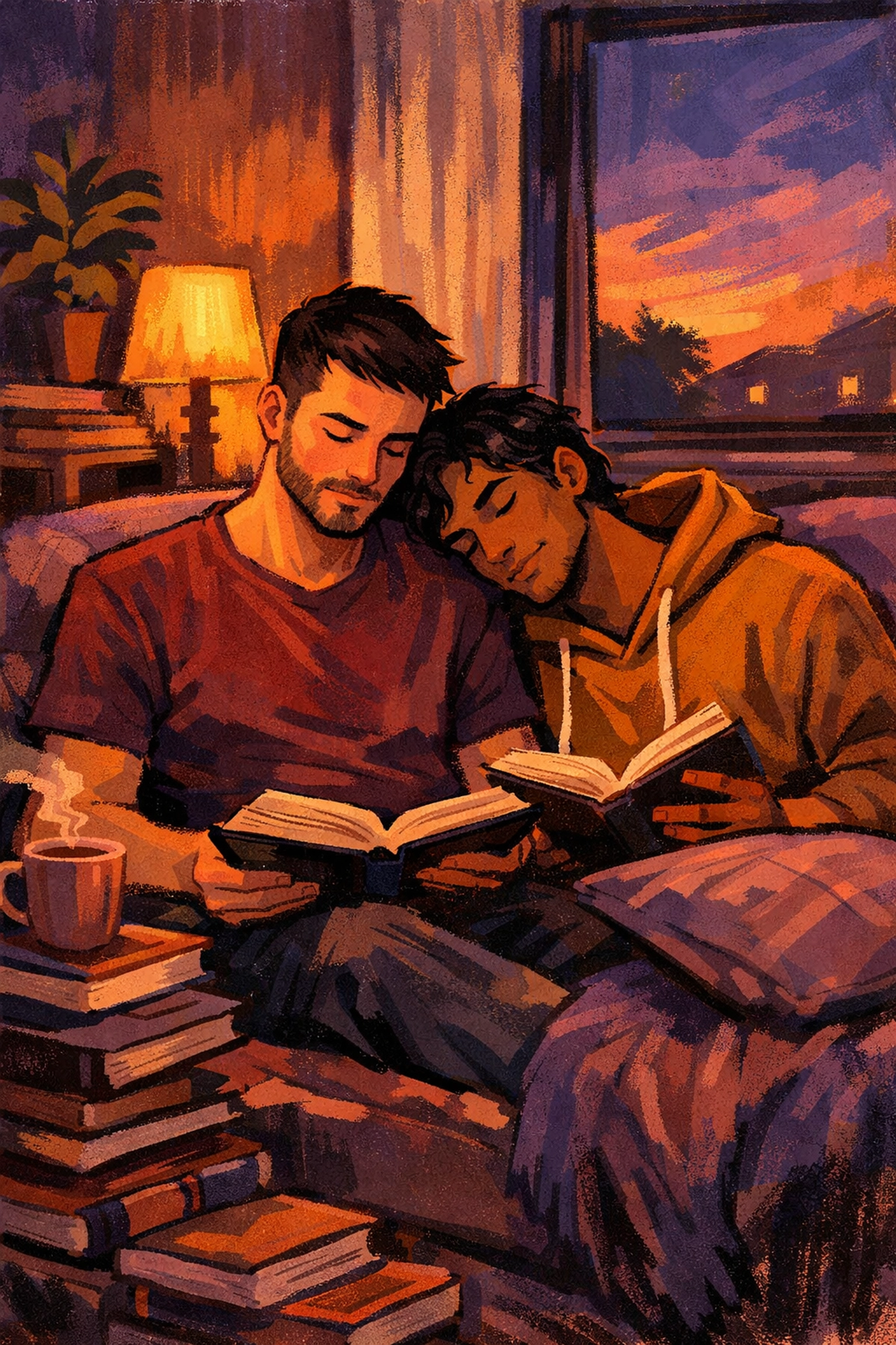 Gay couple reading together on couch illustrating private sanctuary in secret relationship