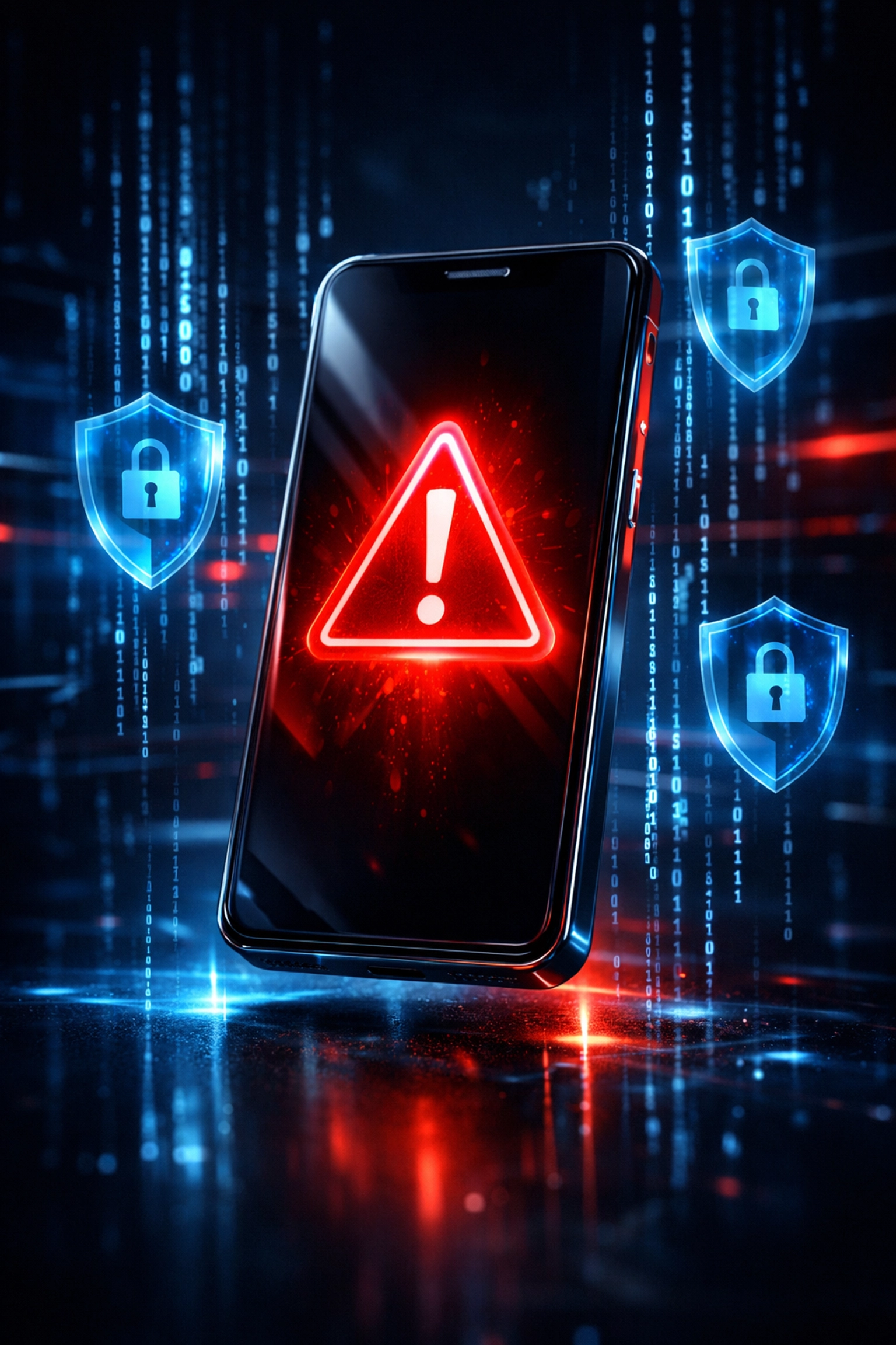 Smartphone with a red warning symbol and security shields representing high-risk items for eBay sellers.