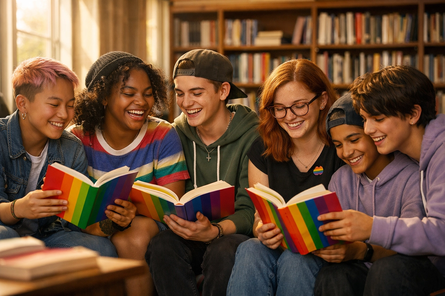LGBTQ+ youth reading together in school library after Section 28 repeal brought educational freedom
